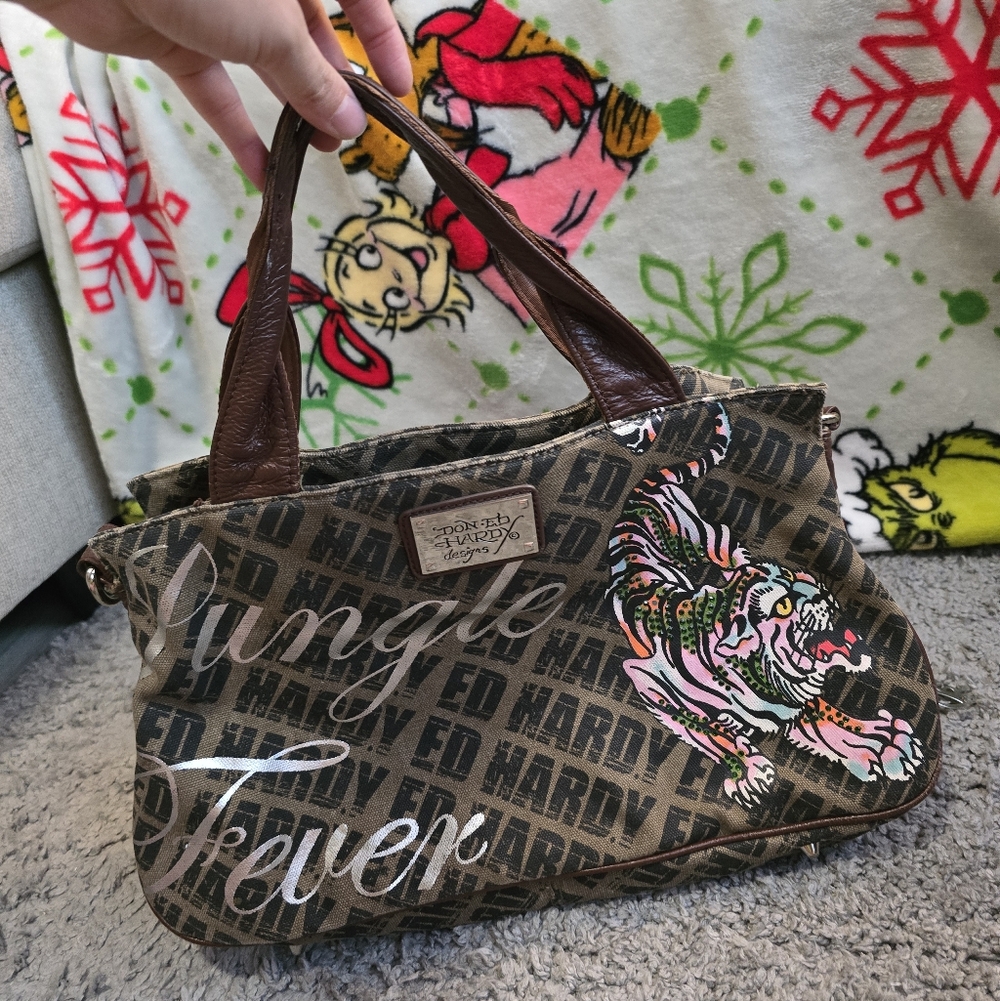 Ed Hardy Brown Jungle Print Shoulder Bag